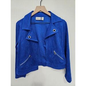 Chicos Royal Blue Faux Suede Moto Jacket Open Front Cobalt Size 0 Small
